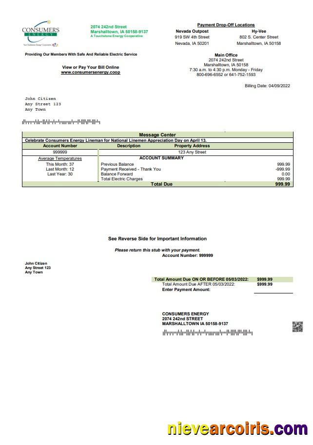 USA Consumers Energy utility bill